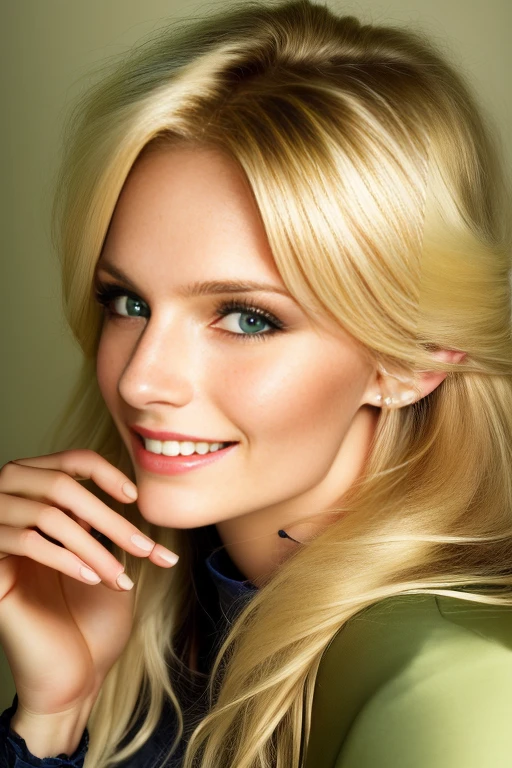 blond woman smiling at the camera, nina tryggvadottir, color portrait, taken in the mid 2000s, detailed color portrait, taken in the late 2000s, photo of a woman, probably in her 30s, nina masic, in her early 3 0, colour portrait photograph.  Short bleach blond hair, perfect green eyes. BIBC.