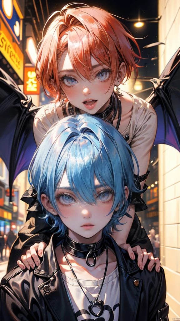 (8K, hight resolution, ultra-detailliert), Gay Couple,​masterpiece, top-quality, 2Others, Male couple, 1 man and 1,((2man)), Adults, Height difference, different fashion, different color, finely eye and detailed face, intricate detailes, Black Butler Fashion, Modern urban streets, A smile, Happiness, tenderness, queers, Boys Love, high-level image quality、 Two beautiful men、tall、The upper part of the body、nightfall、nighttime scene、𝓡𝓸𝓶𝓪𝓷𝓽𝓲𝓬、Korean Male, k pop, Professional Photos, Vampires, Fedoman with necklace, inspired by Sim Sa-jeong, androgynous vampire, :9 detailed face: 8, extra detailed face, detailed punk hair, ((eyes are brown)) baggy eyes, Seductive. Highly detailed, semi realistic anime, Vampire deacon, hyperrealistic teen, delicate androgynous prince, imvu, short hair above the ears, Man with short hair, With a purple-haired man with a wild expression, Man with light blue hair with gentle expression, With a short-haired man with bright purple hair, Man with light blue hair, Movie Posters, Movie Photos