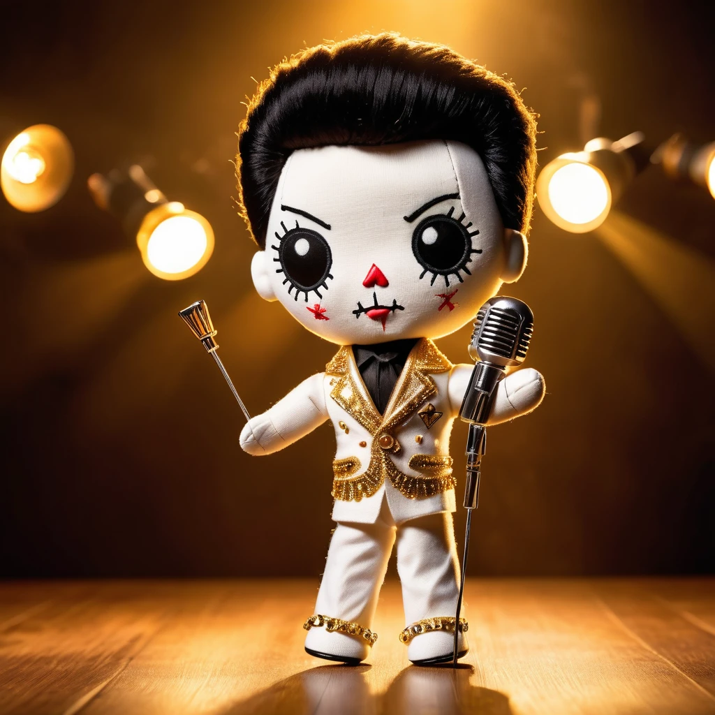 (knitted toy voodoo doll:1.9), (Voodoo Elvis Presley:1.3), (Clothing: iconic white jumpsuit with rhinestones and cape:1.0), (Accessories: enchanted microphone emitting a golden glow, floating musical notes:1.1), (background: vintage concert stage with spotlights, cheering crowd, and a nostalgic atmosphere:1.2), best quality, masterpiece, detailed soft oil painting, detailed background, dramatic cinematic lighting, soft edge lighting, professional, dramatic lighting, hard edge lighting, ultra quality, 4k,masterpiece, best quality, 8k, ultra highres, highres, extremely detailed