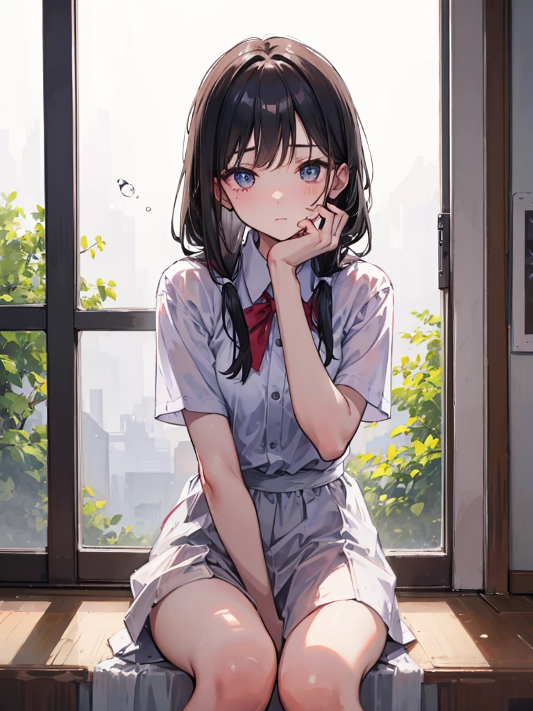 masterpiece, high-quality, a beautiful woman, resting her chin on her hands and looking out the window, humid and sweating, listless look, a little dark room, It's raining outside the window
