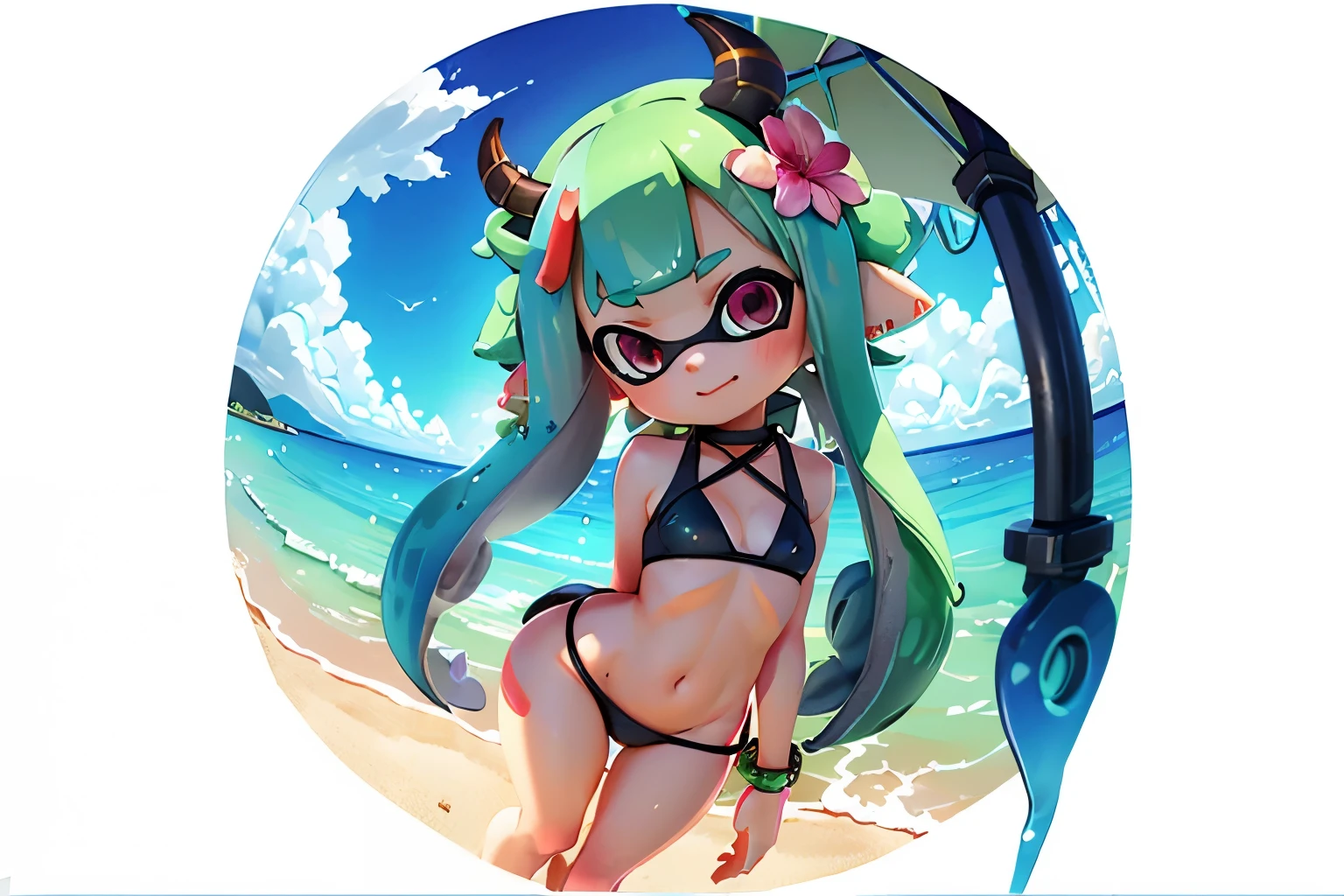 Splatoon Girl 、3D,real anime、Top-down angle、((super big breasts))、in_box、Sturdy box、Many flowers in a box with a girl、Green tentacle hair、((cleavage、Pose that emphasizes the chest、Sexy dynamic pose))、sexy face、big and cute eyes、beautiful eyes、cheek、Lipstick、sign around neck、