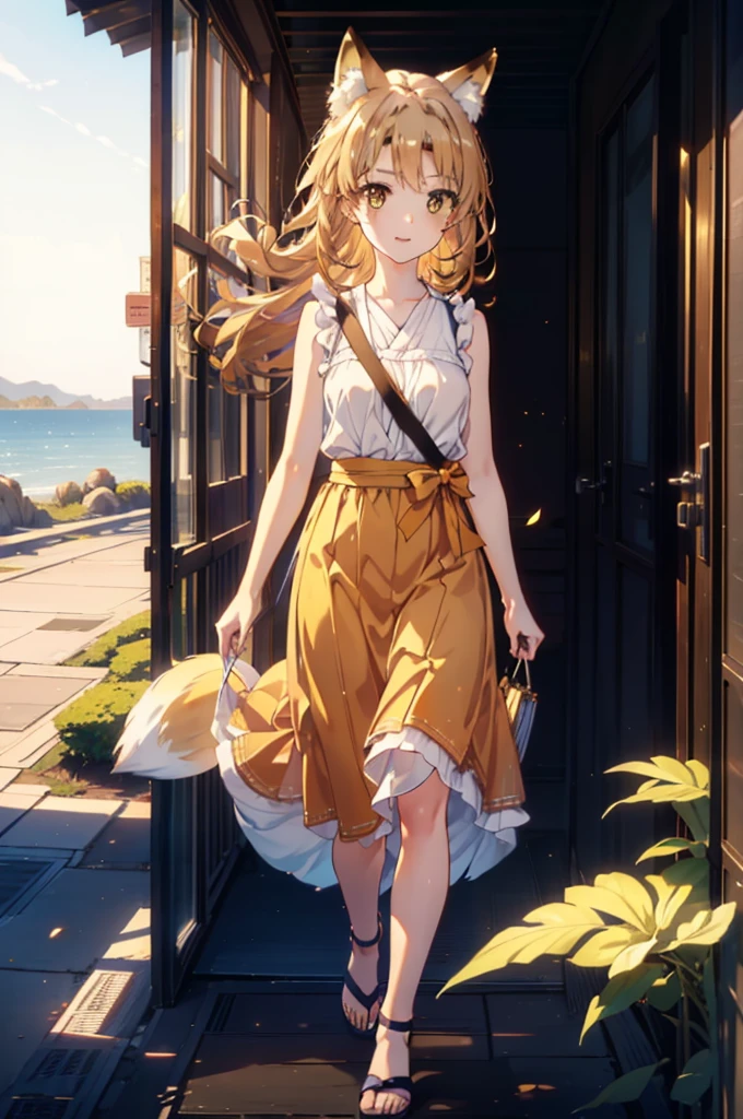 Irohaisshiki, isshiki iroha,Long Hair, Brown Hair, (Brown eyes:1.5), happy smile, smile, Open your mouth,animal(Fox Ears,Fox tail),Yellow sleeveless dress,Yellow long skirt,Cute Sandals,Carrier,background(Ships at anchor),port,My hair is blowing in the wind,Holding her hair with her right hand,whole bodyがイラストに入るように,Are standing,morning,morning陽,The sun is rising,
break outdoors, port,Ocean,
break looking at viewer,whole body,
break (masterpiece:1.2), Highest quality, High resolution, unity 8k wallpaper, (shape:0.8), (Beautiful and beautiful eyes:1.6), Highly detailed face, Perfect lighting, Highly detailed CG, (Perfect hands, Perfect Anatomy),