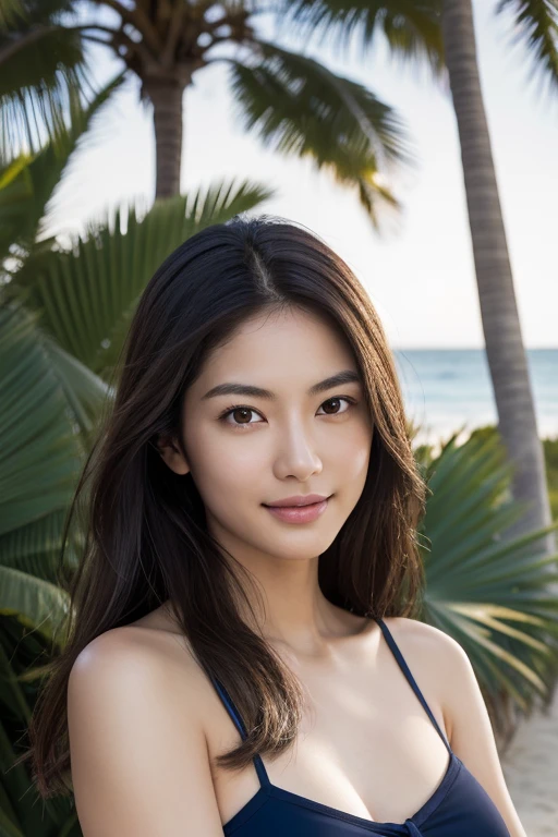 (RAW Photos, Highest quality), (photo realistic:1.4), (Hyper realistic:1.4),（Smooth lighting:1.05）Cool and intelligent Japanese beauty, （30 years old）, Fine, white skin reminiscent of porcelain, Dark chestnut brown, long, gently wavy hair, Large almond-shaped eyes, Thin eyebrows, Thin fingers, Long nails, Perfect Anatomy, Slender body, （A gorgeous smile）, （Dark blue camisole）, Private beach, Palm trees and coast in the background, Depth of written boundary, （Spread your arms wide）