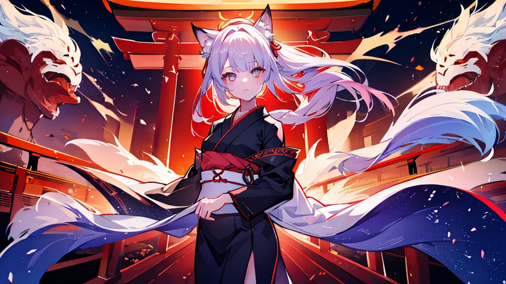 Girl wearing a fox mask,(masterpiece:1.2, Highest quality), (Beautiful Eyes: 1.2), ((One girl)), ((alone)),Large torii gate in the background