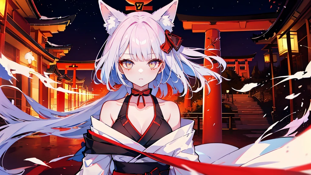 Girl wearing a fox mask,(masterpiece:1.2, Highest quality), (Beautiful Eyes: 1.2), ((One girl)), ((alone)),Large torii gate in the background
