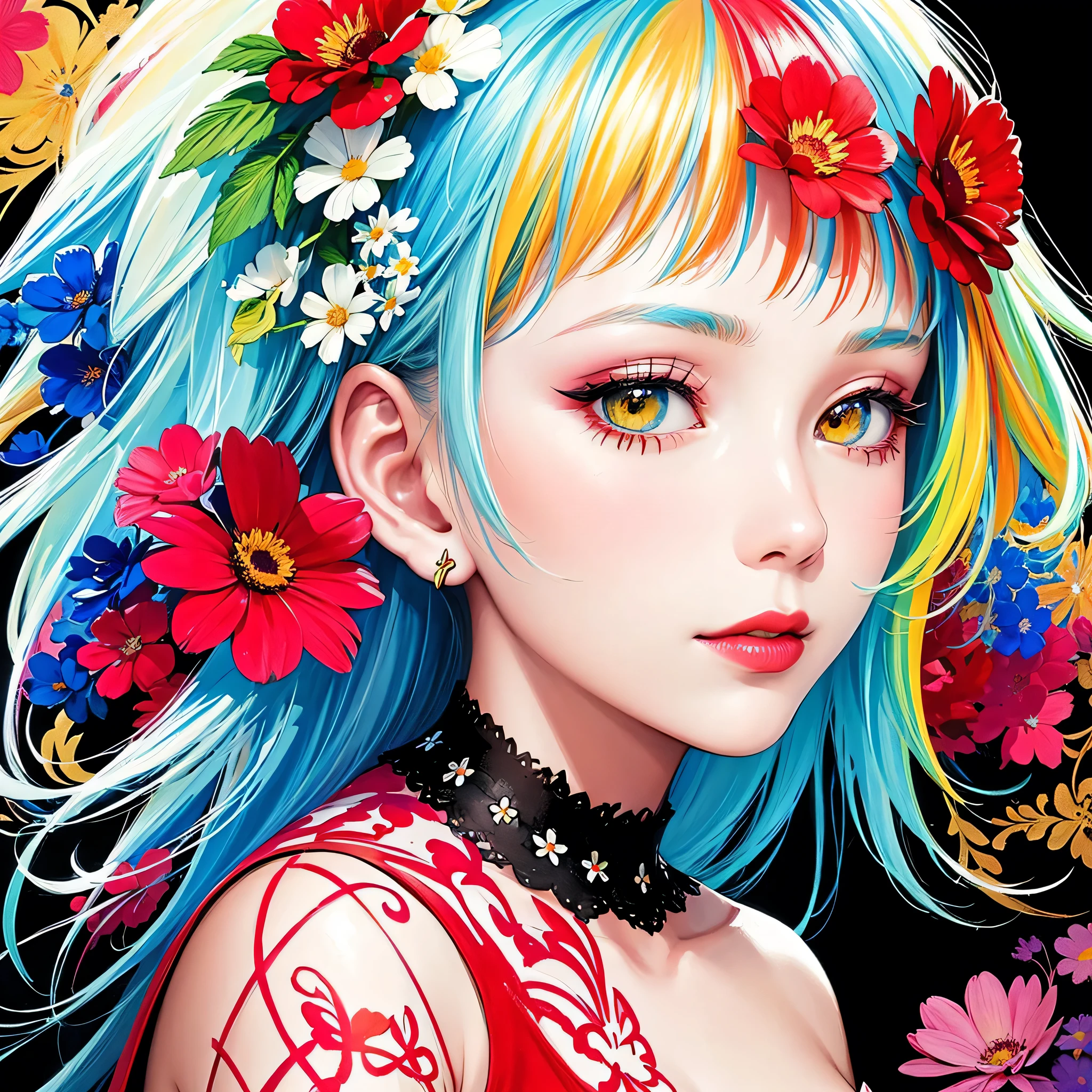 Black Star Red and White Style、(((stylish fashion))), 8K Quality、Intense watercolor, Detailed watercolor art, Watercolor splash, Surreal, avant-garde pop art, Beautiful and expressive paintings, Beautiful artwork illustration, Very colorful tones, wonderful, Cool beauty, highest quality、Official Art, Vector art, Stylish design, (((The most beautiful girl))), Lips in Love, (((highest quality))), HDR, ((detailed)), (((Doodle Art)), ((masterpiece)), ((Super detailed)), (((Colorful flowers))),(((Stylish))), Harbor View Hill