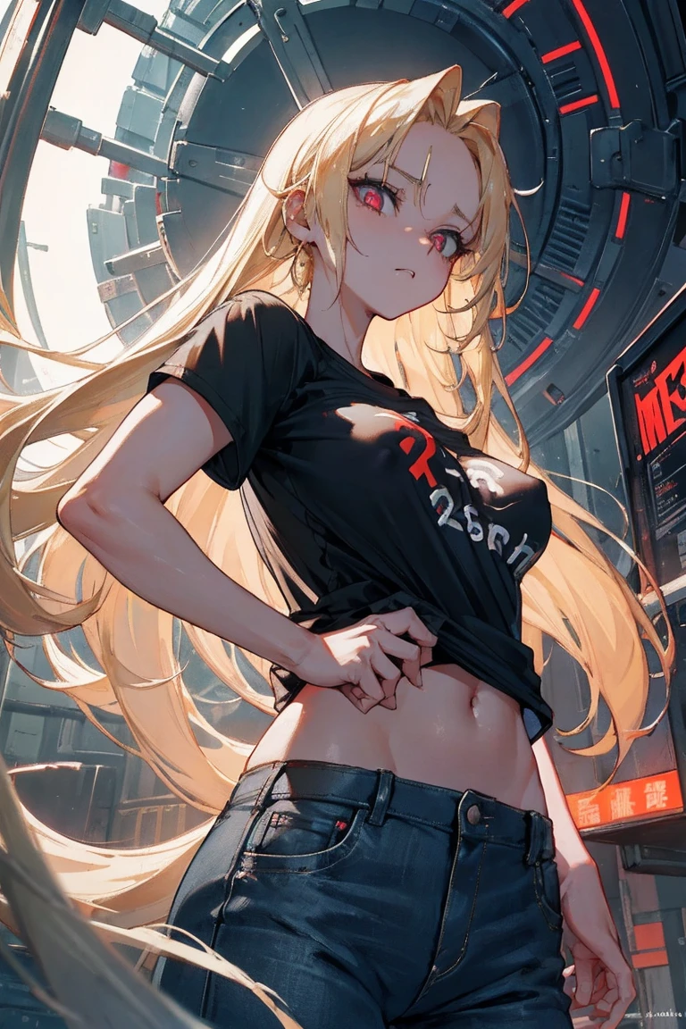 optimal,masterpiece,high resolution,best quality,Ultra HD,Very detailed,The award-winning,16K,Solitary,(Upper Body),Correct anatomy,Beautiful cyberpunk girl,Cowboy shooting、Cute face,,Blonde、Long hair、Double tail、Weaving, hairline,((Scarlet eyes)),Long eyelashes,Drooping corners of the eyes,White skin,((Shot from below)), ((t-shirt:1.5)), Clock top、((Clear nipples))、Rocket , (Large Breasts),(because I'Thin),