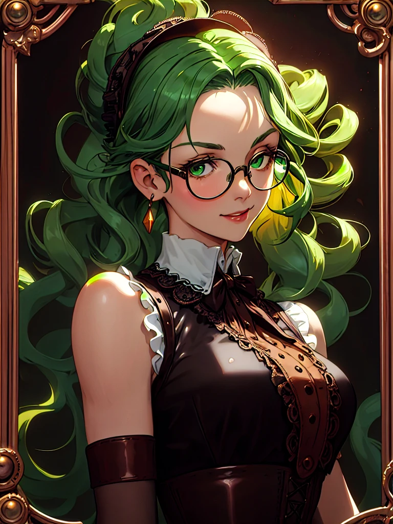 ((Portrait)), She has a Youthful and Fresh Appearance, with a Cheerful Attitude and Medium-sized Breasts. Her Emerald Green Eyes Shine above Her Round-lensed Glasses. She has Tousled, Curly and Long Copper-toned Hair with Strands Falling Over Her Forehead. She Wears a Victorian Lace Blouse with a Black Sleeveless Steampunk-style Leather Vest, Portrait, HDR, ((Dark Background))