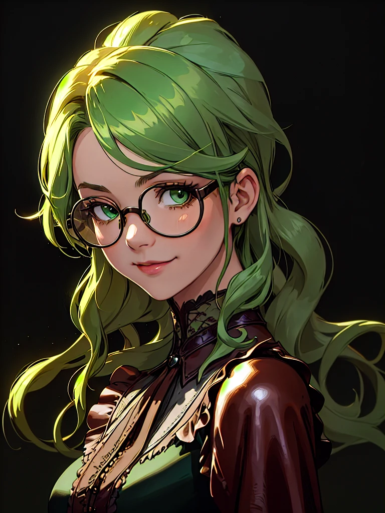 ((Portrait)), She has a Youthful and Fresh Appearance, with a Cheerful Attitude and Medium-sized Breasts. Her Emerald Green Eyes Shine above Her Round-lensed Glasses. She has Tousled, Curly and Long Copper-toned Hair with Strands Falling Over Her Forehead. She Wears a Victorian Lace Blouse with a Black Sleeveless Steampunk-style Leather Vest, Portrait, HDR, ((Dark Background))