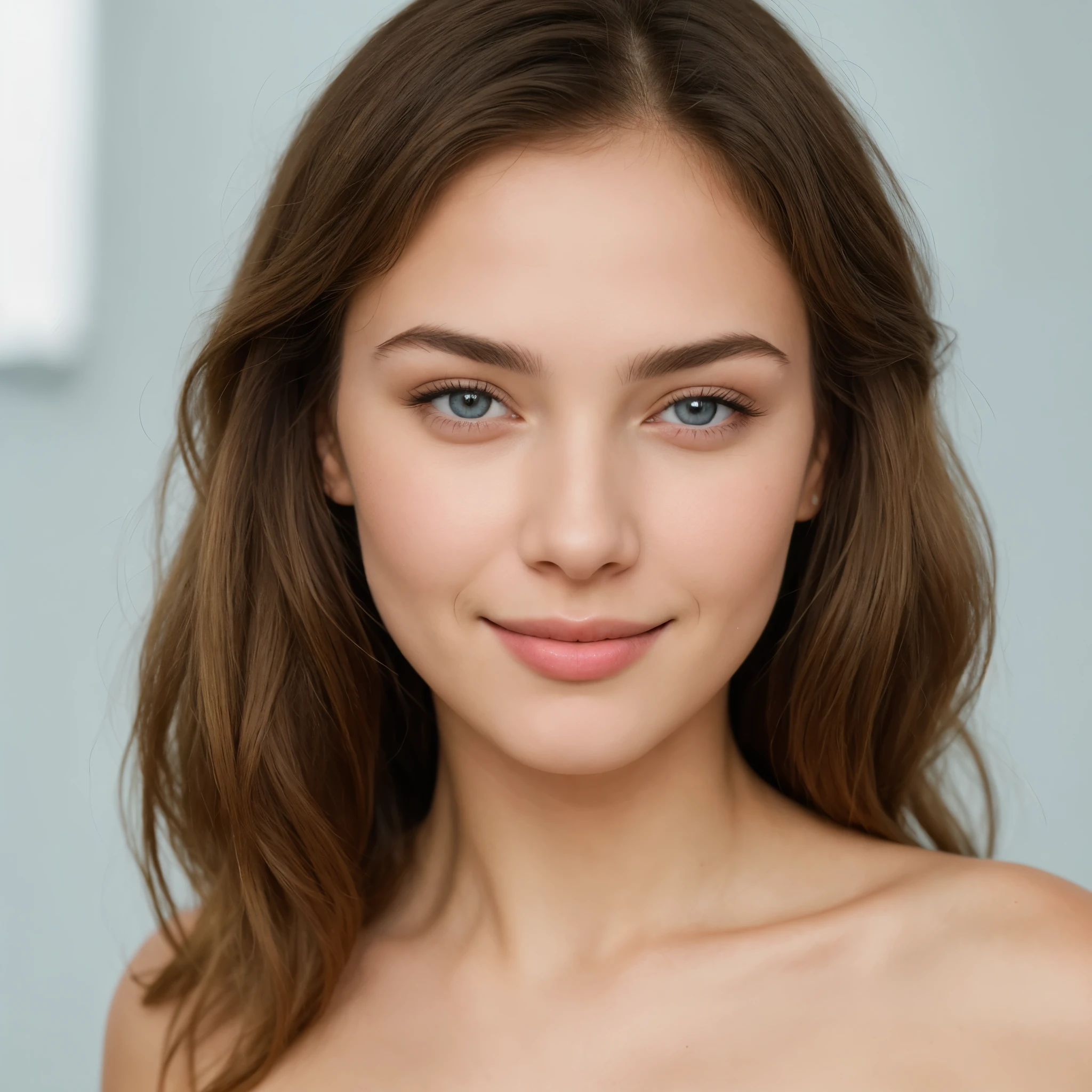 ((best quality)), ((masterpiece)), (detailed), perfect face , Generate an image of a German woman With Skin tone that is Clear and radiant , Hairs that are Brunette, long, and luscious , Eyelashes that are Full and fringe-like , Light blue eye color that is bright and captivating , Eye-Brows that are Luxuriant, defined, and perfectly shaped ,With Lips that are Rosy, plump, and inviting , A Facial structure with Delicately features, high cheekbones, and a slender nose , is Smiling which is Warm, bright, and attention-grabbing , Stunning, elegant, and effortlessly beautiful appearance