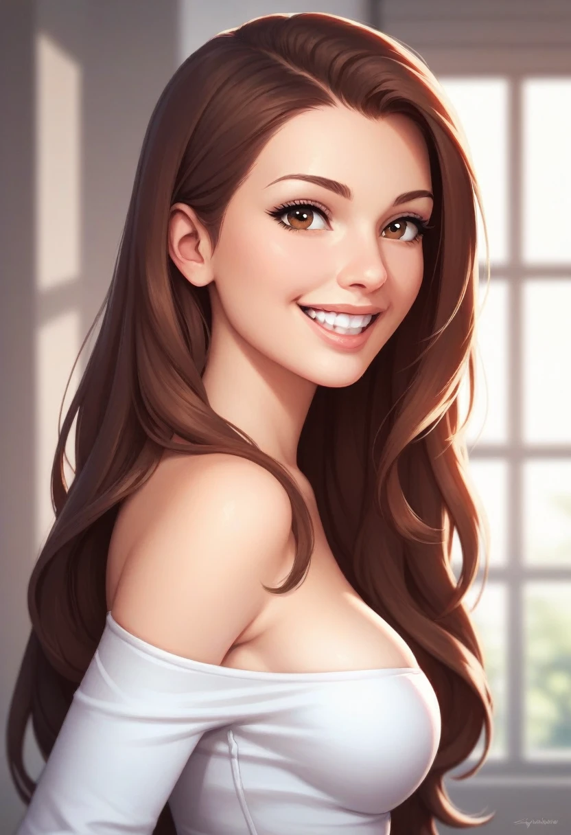 araffe woman with long brown hair wearing a dress and earrings, cindy avelino, ruan jia beautiful!, 2 7 years old, cute seductive smile, portrait of modern darna, painting, pastel, illustration, 2 8 years old, with a seductive smile, joy ang, hi-res scan, hi - res scan, official photos, 2 3 years old, jaw-dropping beauty, accurate hands, perfect ratio four fingers one thumb.