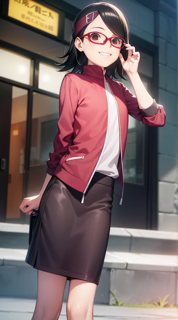(masutepiece, Best Quality, Capture super cute moments, depth of fields, ultra-detailliert, Ultra High Resolution, C4D, Octadale, 3D Modeling, 8K, 16 K, one girls、a 、A dark-haired、short-hair、straight haired、Light brown eyes,hair adornments、wearing black glasses、A smile)、uchiha sarada