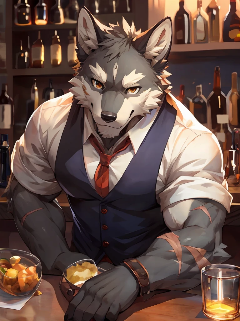 Embed:Gray Wolf,Golden Eyes,individual,bar,bartender.scars in the face.Gray fur,Soft Light,bar counter,Comfort,bartender's uniform,The ear is missing a corner,Adult male,Handsome,clever,The best hands, Best quality eyes,Fine fur,Exquisite eyes.Ultimate image quality,From sollyz,From zixiong,Pass null_ghost