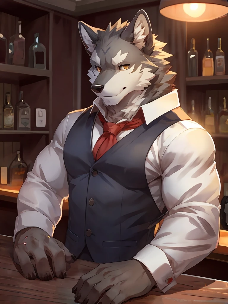 Embed:Gray Wolf,Golden Eyes，individual,bar,bartender.scars in the face.Gray fur，Soft Light，bar counter,Comfort，bartender's uniform,The ear is missing a corner,Adult male，Handsome,clever,The best hands, Best quality eyes，Fine fur，Exquisite eyes.Ultimate image quality，From sollyz,From zixiong,Pass null_ghost