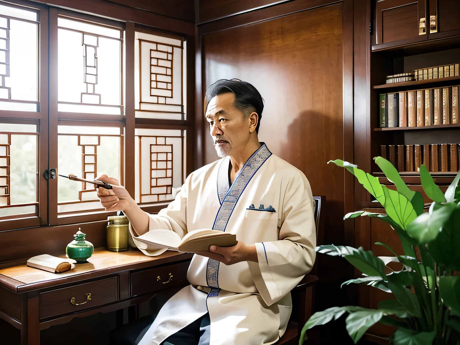 A senior Chinese medicine practitioner in his 50s,Kind face,The forehead and eyes are engraved with the wisdom of the years。His hair is slightly gray,Meticulously combed,Maybe with a well-manicured goatee。The old Chinese doctor is wearing a dark traditional Chinese robe.,The fabric is embroidered with fine cloud or lotus patterns,Showing classical elegance。His eyes were focused and deep,Seems to be able to see into the mysteries of life。
Around his neck or wrist,Maybe she is wearing a string of warm jade Buddhist beads or a Chinese medicine sachet.,These accessories not only reflect his professional characteristics,It also reveals a peaceful and far-reaching attitude towards life.。The old Chinese doctor may be holding a yellowed ancient book in his hand.,Or writing the prescription carefully with a brush on a piece of rice paper,Every word embodies profound medical knowledge and clinical experience。
The background is a typical Chinese medicine clinic,Medicine cabinets are neatly arranged around the room.,The drawers are labeled with various Chinese medicinal materials。The aroma of medicine,The air seemed to be filled with a faint mixed aroma of mugwort and sandalwood.。Soft natural light shines in from the wooden window frames,Illuminates every corner of the interior,Create a warm yet professional atmosphere。
In the details,The attire of the old Chinese medicine practitioner and the decoration of the clinic reflect the essence of traditional Chinese aesthetics.,Like the Tai Chi diagram hanging on the wall、Exquisite ceramic medicine jars on the table,And the pots of vibrant potted plants in the corner,Adding a touch of vivid greenery to the scene。The whole picture is full of respect and inheritance of traditional Chinese medicine culture,It makes people feel a kind of tranquility that transcends time and space.。
