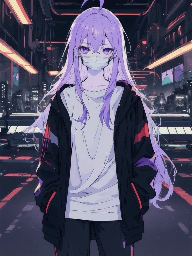 ((masterpiece)), (best quality), ((highres)), 4K, Detailed, (Ambient Light, Digital Art, Soft Lighting, extremely detailed 8K wallpaper:1.2), BREAK 1girl, solo, pale skin, violet eyes, violet hair, ahoge, (absurdly long hair:1.1), flat chest, cyberpunk scenery, black jacket, pants, shirt, night, hand in pocket, looking at viewer, hair between eyes, expressionless, rtx, black medical mask