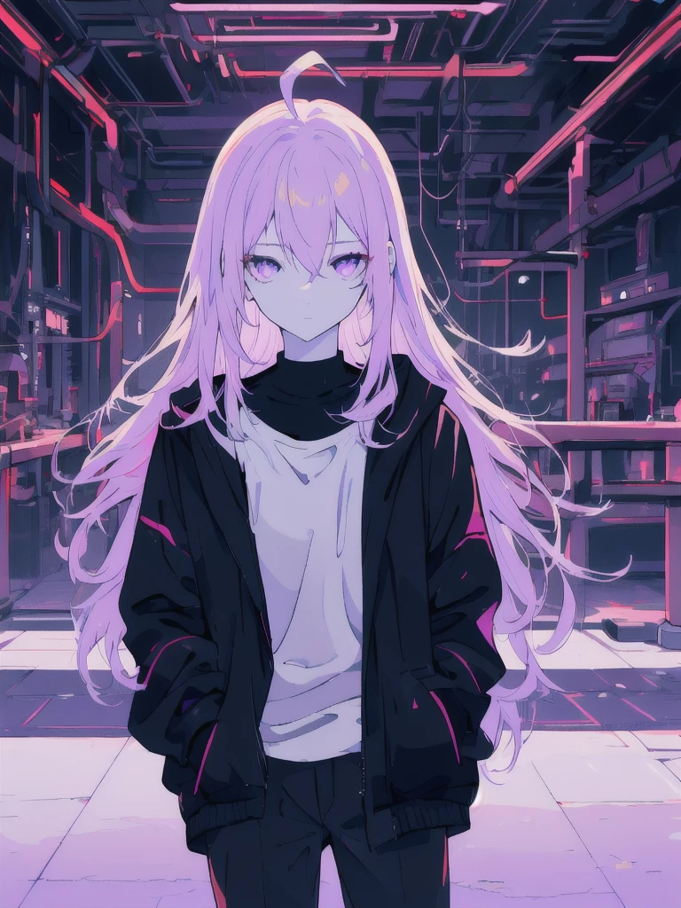 ((masterpiece)), (best quality), ((highres)), 4K, Detailed, (Ambient Light, Digital Art, Soft Lighting, extremely detailed 8K wallpaper:1.2), BREAK 1girl, solo, pale skin, violet eyes, violet hair, ahoge, (absurdly long hair:1.1), flat chest, cyberpunk scenery, black jacket, pants, shirt, night, hand in pocket, looking at viewer, hair between eyes, expressionless, rtx, black medical mask