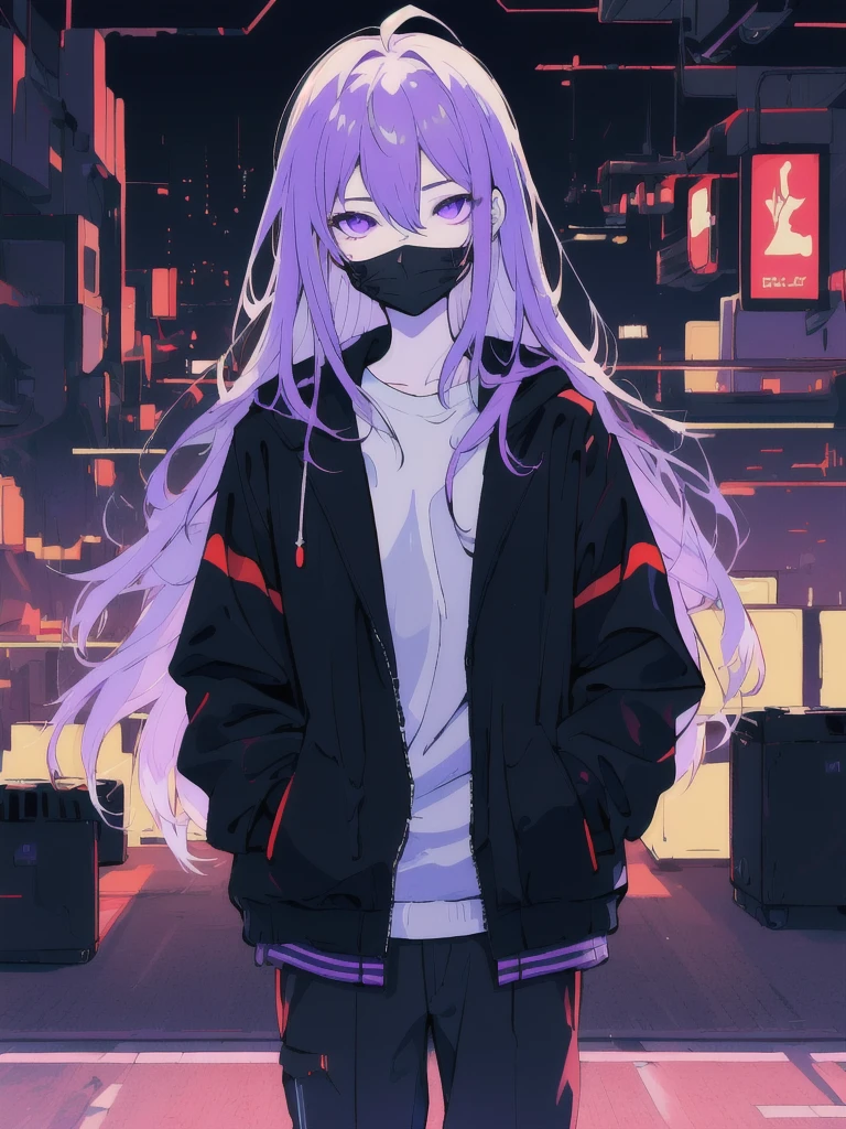 ((masterpiece)), (best quality), ((highres)), 4K, Detailed, (Ambient Light, Digital Art, Soft Lighting, extremely detailed 8K wallpaper:1.2), BREAK 1girl, solo, pale skin, violet eyes, violet hair, ahoge, (absurdly long hair:1.1), flat chest, cyberpunk scenery, black jacket, pants, shirt, night, hand in pocket, looking at viewer, hair between eyes, expressionless, rtx, black medical mask