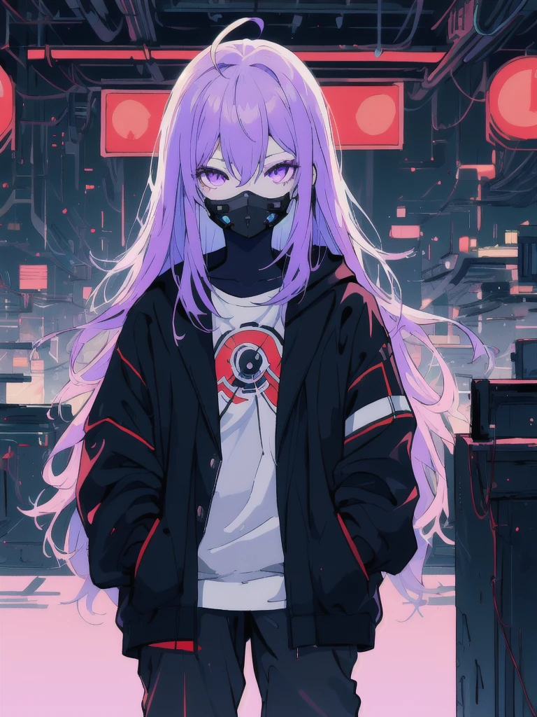 ((masterpiece)), (best quality), ((highres)), 4K, Detailed, (Ambient Light, Digital Art, Soft Lighting, extremely detailed 8K wallpaper:1.2), BREAK 1girl, solo, pale skin, violet eyes, violet hair, ahoge, (absurdly long hair:1.1), flat chest, cyberpunk scenery, black jacket, pants, shirt, night, hand in pocket, looking at viewer, hair between eyes, expressionless, rtx, black medical mask