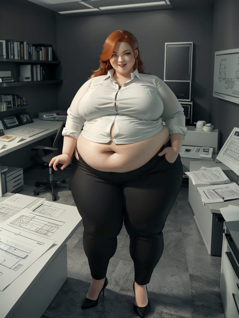 A happy and excited photo of a Beautiful ginger architect SSBBW, with long wavy light Brownish-ginger hair, with big soft fat belly, thicc fat arms, thicc wide legs, big breast, in long gray pants, long black shirt tucked in her pants, black belt, blach elegant shoes in her new modern architect office with a lot of building models and house blueprints, building blueprints on walls, huge window