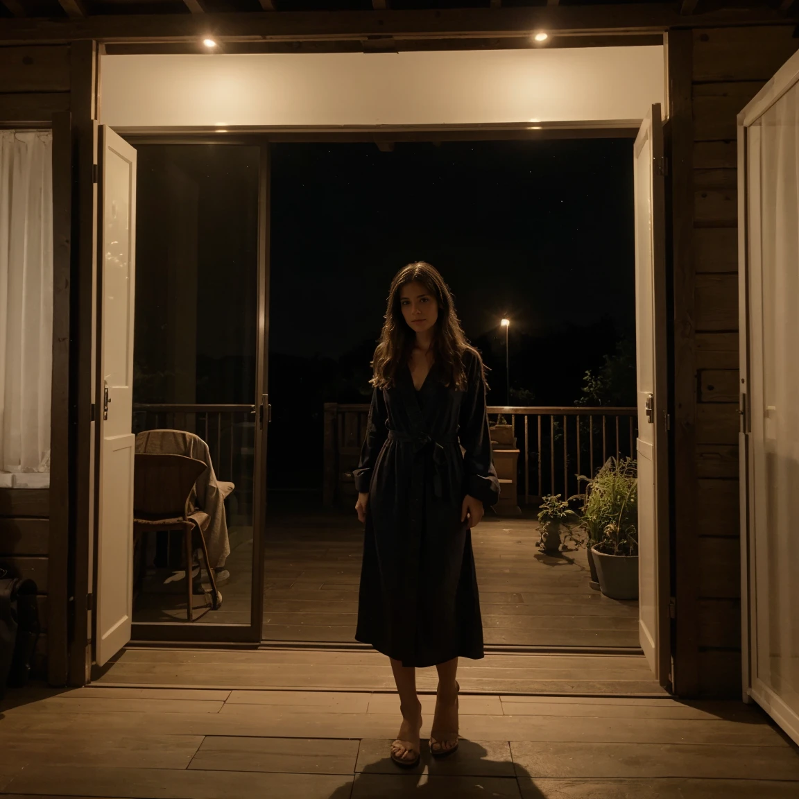 Lucie devant une porte de maison, la nuit, en robe