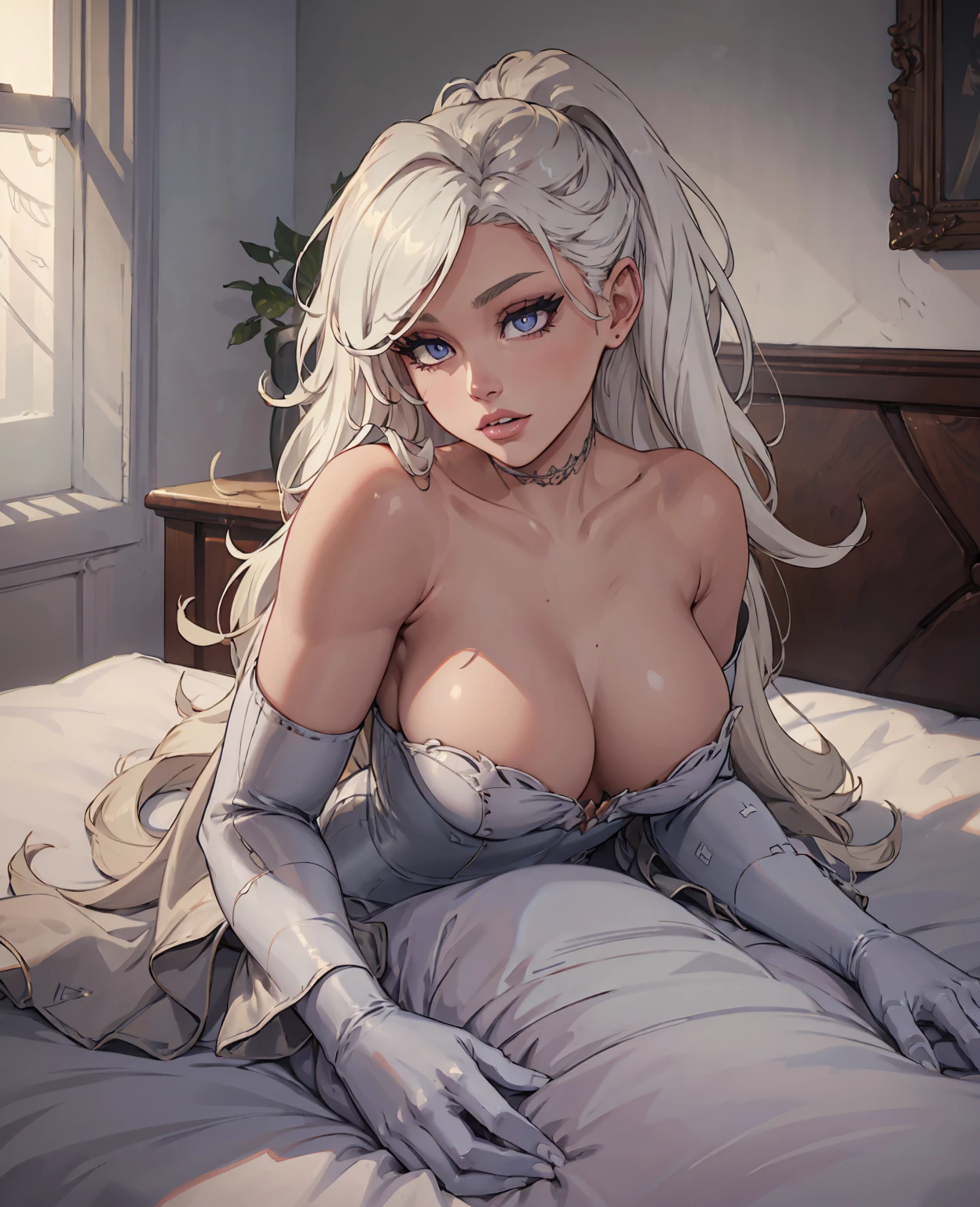 a beautiful naked woman with long white hair lying on a bed, extremely detailed portrait, beautiful detailed eyes, beautiful detailed lips, extremely detailed face, longeyelashes, cinematic lighting, dramatic shadows, photorealistic, 8k, high quality, masterpiece