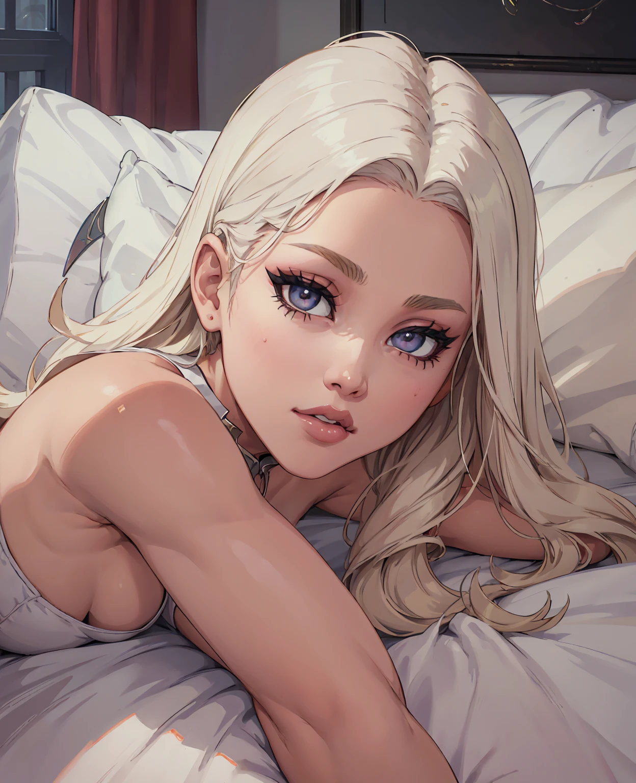 a beautiful naked woman with long white hair lying on a bed, extremely detailed portrait, beautiful detailed eyes, beautiful detailed lips, extremely detailed face, longeyelashes, cinematic lighting, dramatic shadows, photorealistic, 8k, high quality, masterpiece