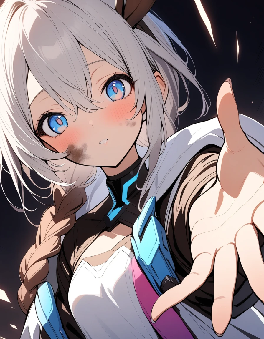 1 Girl, Amiya \(Ark of Tomorrow\), Ark of Tomorrow, Dirty face, Outstretched Hand, close up, angle, shorten, dark, dark background, masterpiece, best quality