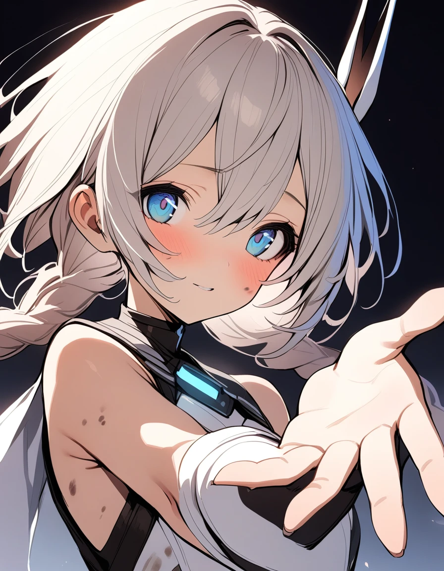 1 Girl, Amiya \(Ark of Tomorrow\), Ark of Tomorrow, Dirty face, Outstretched Hand, close up, angle, shorten, dark, dark background, masterpiece, best quality