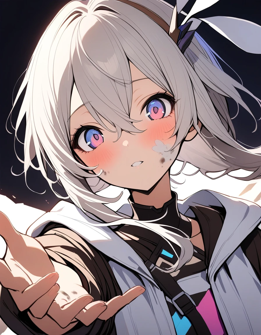 1 Girl, Amiya \(Ark of Tomorrow\), Ark of Tomorrow, Dirty face, Outstretched Hand, close up, angle, shorten, dark, dark background, masterpiece, best quality