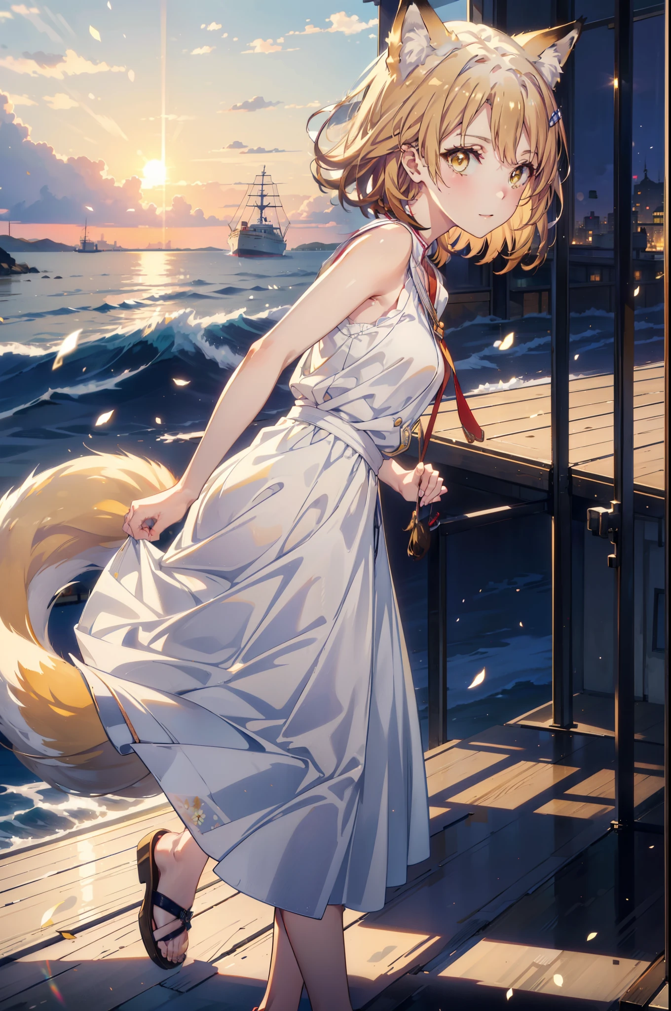 Irohaisshiki, isshiki iroha,Short Hair, Brown Hair, (Brown eyes:1.5), happy smile, smile, Open your mouth,animal(Fox Ears,Fox tail),Yellow sleeveless dress,Yellow long skirt,Cute Sandals,Carrier,background(Ships at anchor),port,My hair is blowing in the wind,Holding her hair with her right hand,whole bodyがイラストに入るように,Are standing,morning,morning陽,The sun is rising,Cruise,
break outdoors, port,Ocean,
break looking at viewer,whole body,
break (masterpiece:1.2), Highest quality, High resolution, unity 8k wallpaper, (shape:0.8), (Beautiful and beautiful eyes:1.6), Highly detailed face, Perfect lighting, Highly detailed CG, (Perfect hands, Perfect Anatomy),