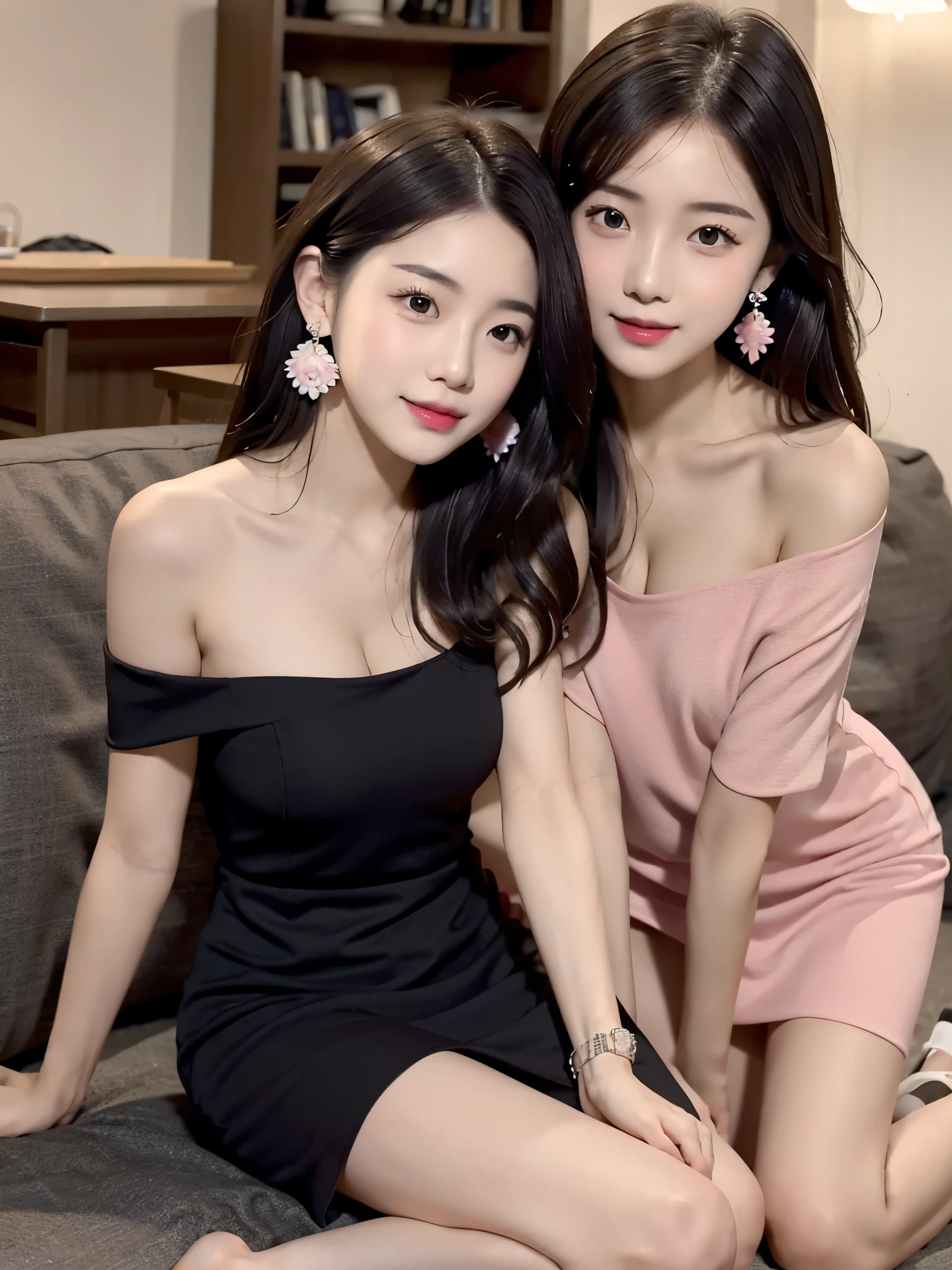 （2 girls）、17-year-old female、Beauty、Dark-haired、clothing（Black off-the-shoulder dress、Casual enough to see underwear） Very slim figure,,,,,、Very slim leganicure、earrings、Pink Lips、photo、lifelike、Sexual、Top quality、adoption、Delicate face、Detailed background、Depth of Field、Full body view、Sitting on the sofa，Kneeling on the ground、Sexual、Solitary、night，Different actions
