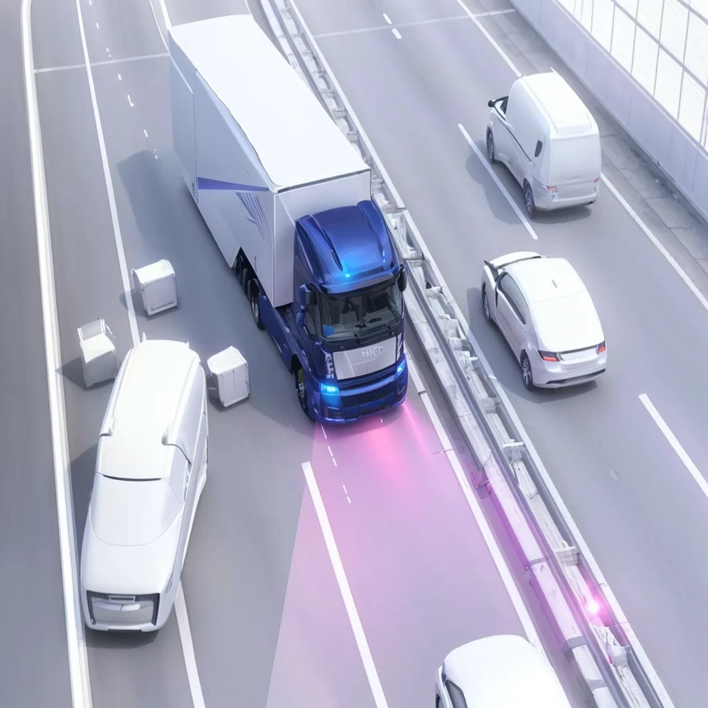 a futuristic self-driving autonomous truck on a modern highway, glowing pink laser beams on the road, high-tech transportation simulation, advanced highway infrastructure, forward-facing perspective, digital rendering, photorealistic, semi-realism, dynamic, angled, smart, Catia, accurate description, 2070, illustration, computer generated, best quality, 8k, highres, masterpiece, ultra-detailed, realistic, photorealistic, photo-realistic, HDR, UHD, studio lighting, ultra-fine painting, sharp focus, physically-based rendering, extreme detail description, professional, vivid colors, bokeh
