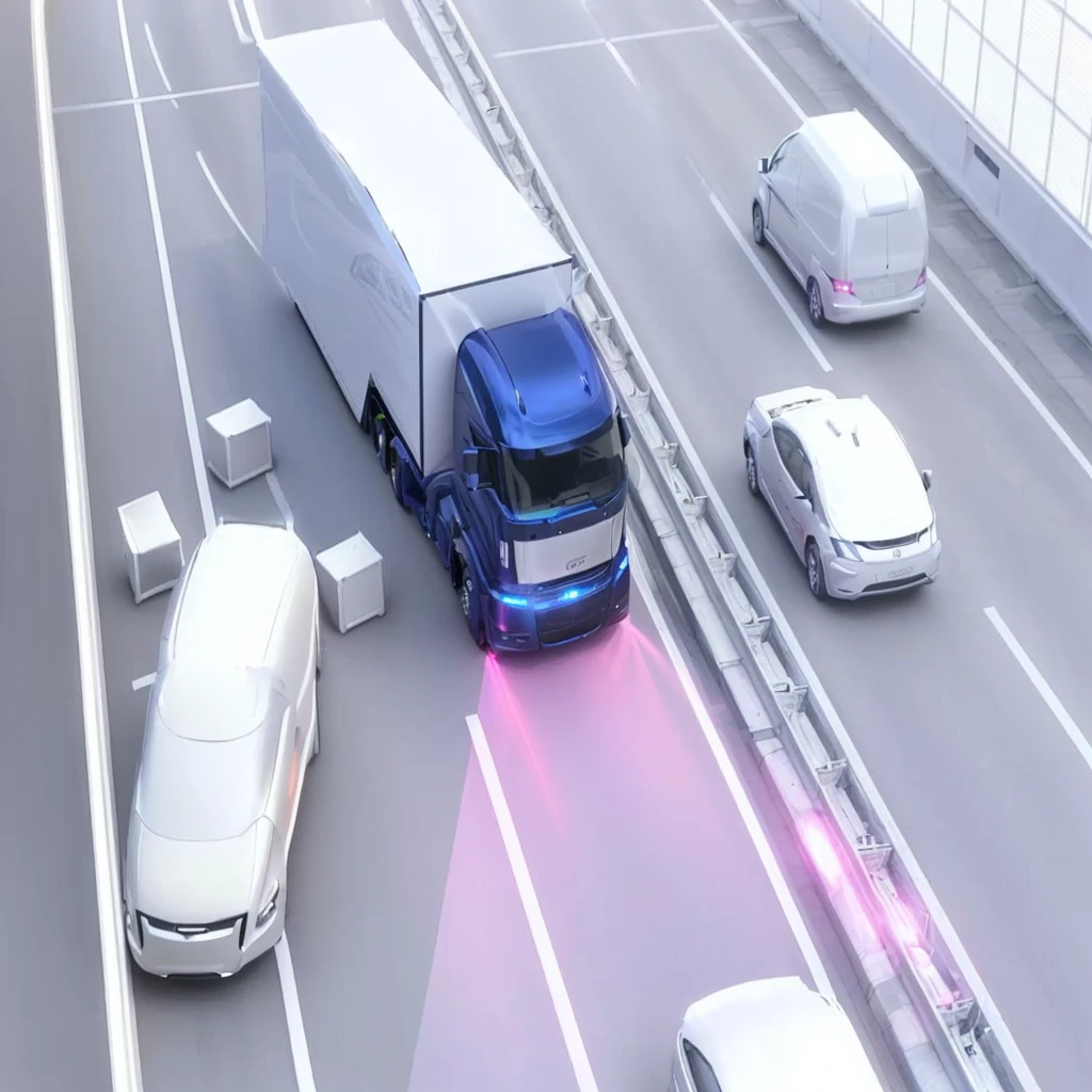 a futuristic self-driving autonomous truck on a modern highway, glowing pink laser beams on the road, high-tech transportation simulation, advanced highway infrastructure, forward-facing perspective, digital rendering, photorealistic, semi-realism, dynamic, angled, smart, Catia, accurate description, 2070, illustration, computer generated, best quality, 8k, highres, masterpiece, ultra-detailed, realistic, photorealistic, photo-realistic, HDR, UHD, studio lighting, ultra-fine painting, sharp focus, physically-based rendering, extreme detail description, professional, vivid colors, bokeh