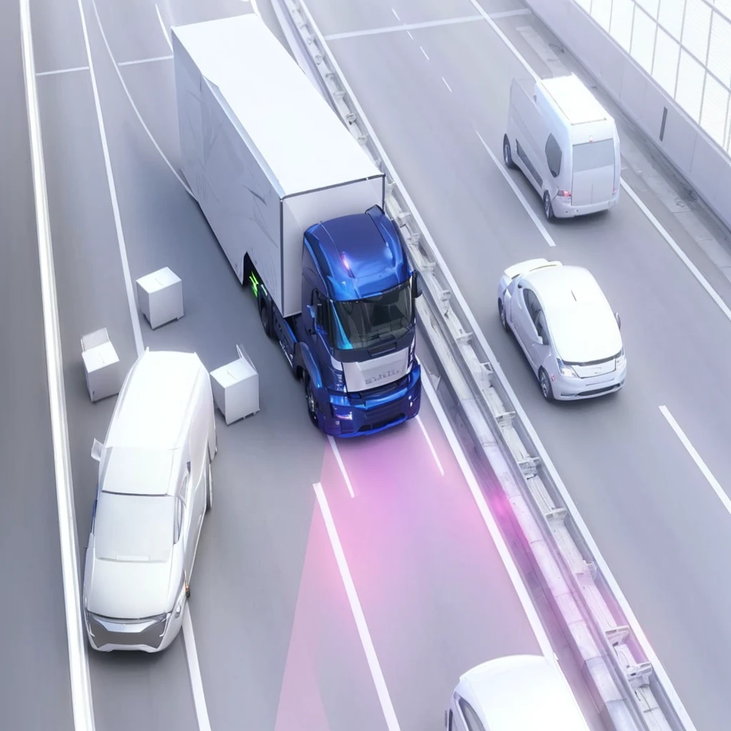 a futuristic self-driving autonomous truck on a modern highway, glowing pink laser beams on the road, high-tech transportation simulation, advanced highway infrastructure, forward-facing perspective, digital rendering, photorealistic, semi-realism, dynamic, angled, smart, Catia, accurate description, 2070, illustration, computer generated, best quality, 8k, highres, masterpiece, ultra-detailed, realistic, photorealistic, photo-realistic, HDR, UHD, studio lighting, ultra-fine painting, sharp focus, physically-based rendering, extreme detail description, professional, vivid colors, bokeh