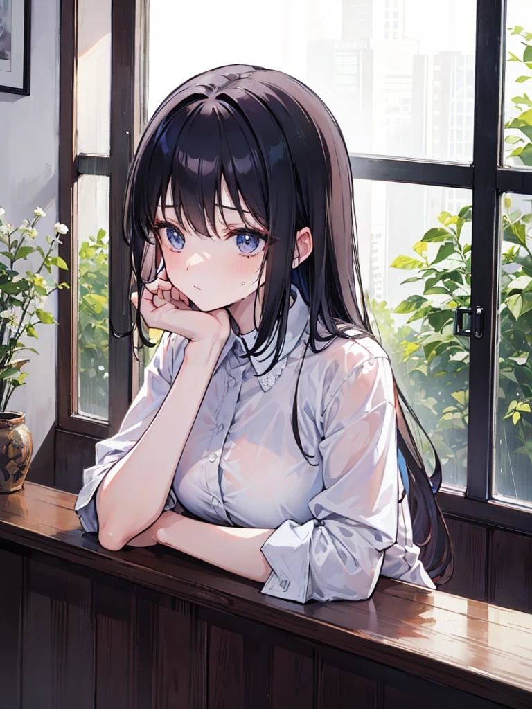 masterpiece, high-quality, a beautiful woman, resting her chin on her hands and looking out the window, humid and sweating, listless look, a little dark room, It's raining outside the window