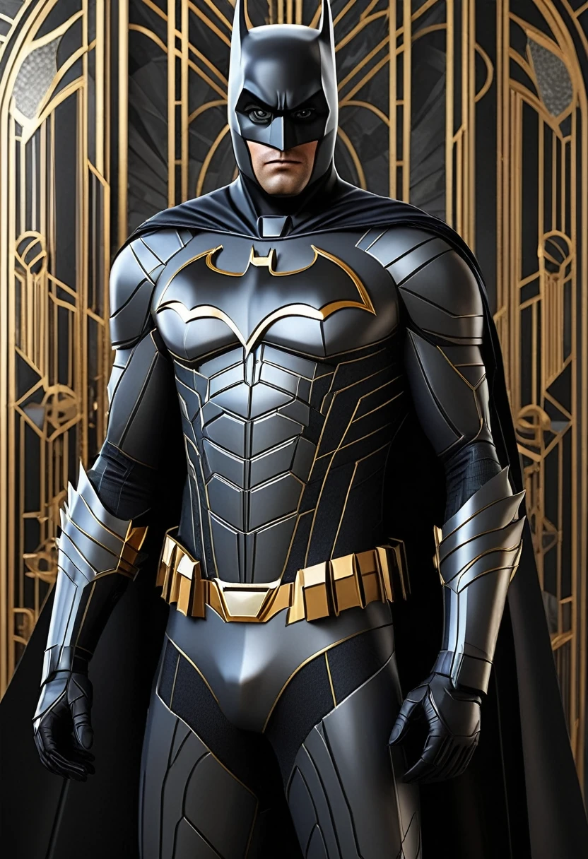 /Art Deco Batman

Silhouette and shape:

Batman's silhouette will be crisp and angular, with an emphasis on geometric shapes and symmetry.
The cloak will have strict, straight lines, restraining its shape even in movement.
The wings will be stylized, angular bat wings, similar to stained glass windows.
Costume:

The suit will be decorated with elegant geometric patterns and ornaments in the Art Deco style.
The visual elements of the suit will reflect the metal and glass, creating the illusion of reflective surfaces.
The main colors are black and dark gray with gold and silver accents.
Mask and emblem:

The Batman mask will be strict and angular, with pointed ears.
The Batman chest emblem will be an Art Deco design with clean lines and geometric shapes, possibly with inlay.
Gadgets and equipment:

All gadgets and equipment will be made in Art Deco style: smooth, with metallic accents and geometric shapes.
The Batmobile will look like a retro-futuristic car with Art Deco elements: long lines, aerodynamic shape, metal parts.
Background and environment:

Gotham City will be presented as an Art Deco city, with high-rise buildings decorated with geometric patterns and stained glass windows.
The architecture will include elements typical of Art Deco: strict lines, symmetry, metal decorations and carved details.
Thus, an Art Deco Batman will combine the elegance and sophistication characteristic of this art movement with the classic elements of the Batman image.