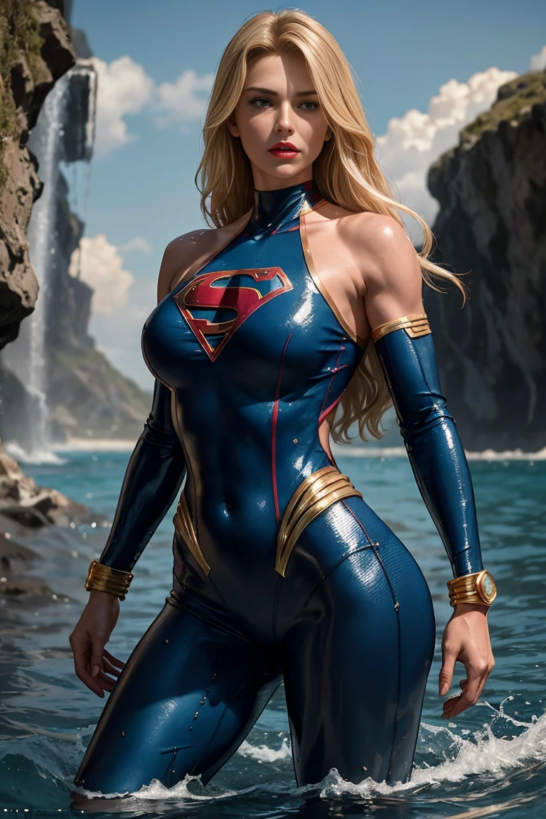 Full body shot seen from behind Sexy 55 years old mature, superheroine Supergirl long shaggy wet blonde hair falling on her long blonde shoulders, glowing black, eyes red lips muscular body large breast wears a transparent blue shiny elastic body-fitting wetsuit, plunging sleeveless top gold shoulder pads gold bracelets revealing abs midriff a Z symbol on her chest portrait photography by artgerm, in the style of realism, glistening skin, cartooncore, mangacore, natural lighting, Defined full lips. Muscular fitness feminine body standing in the water in the background is a huge terrifying water monster