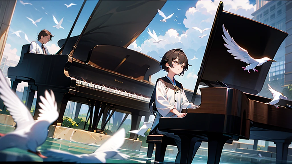 青空とcloudに囲まれた幻想的なシーンが描かれています。 There is a black piano in the center of the screen.、There are two men and two women、Man playing piano、Woman standing next to、Both are students、Young people、youth、White birds are flying in the background、The ground is covered with water.、It's so beautiful, like a mirror.。Highly detailed CG Unity 8k wallpaper、Cinematic lighting、Lens flare、Beautiful detailed eyes、landscape、Ultra HD、cloud、8K quality、Ultra Sharp、Real Light、Surreal、