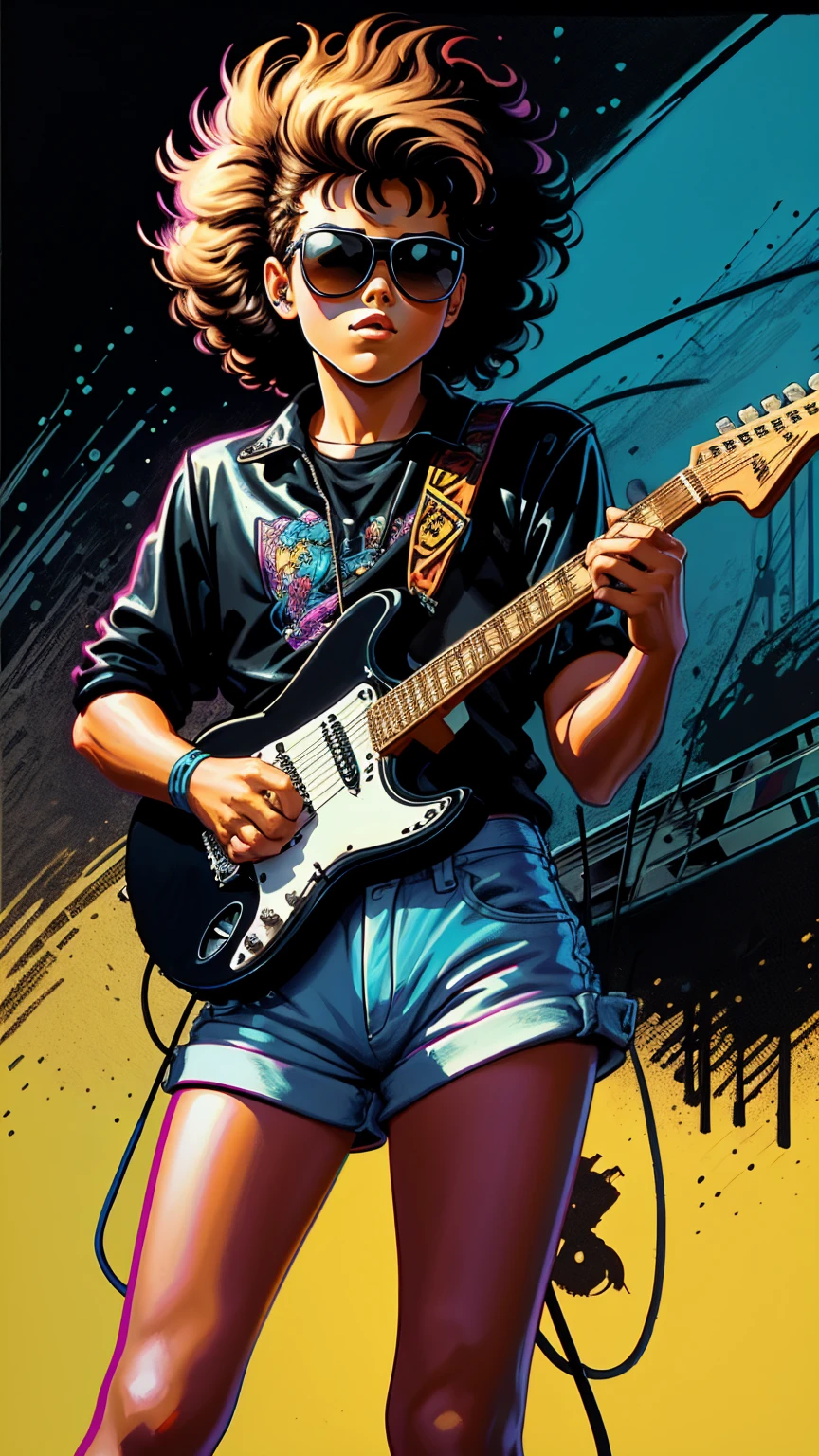 80s guitarist drawn cartoon style in black colors