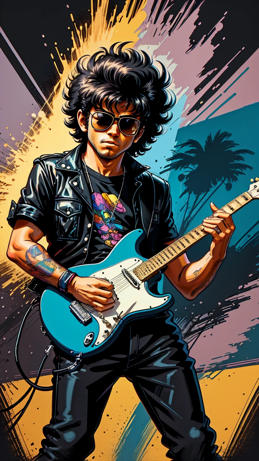 80s guitarist drawn cartoon style in black colors