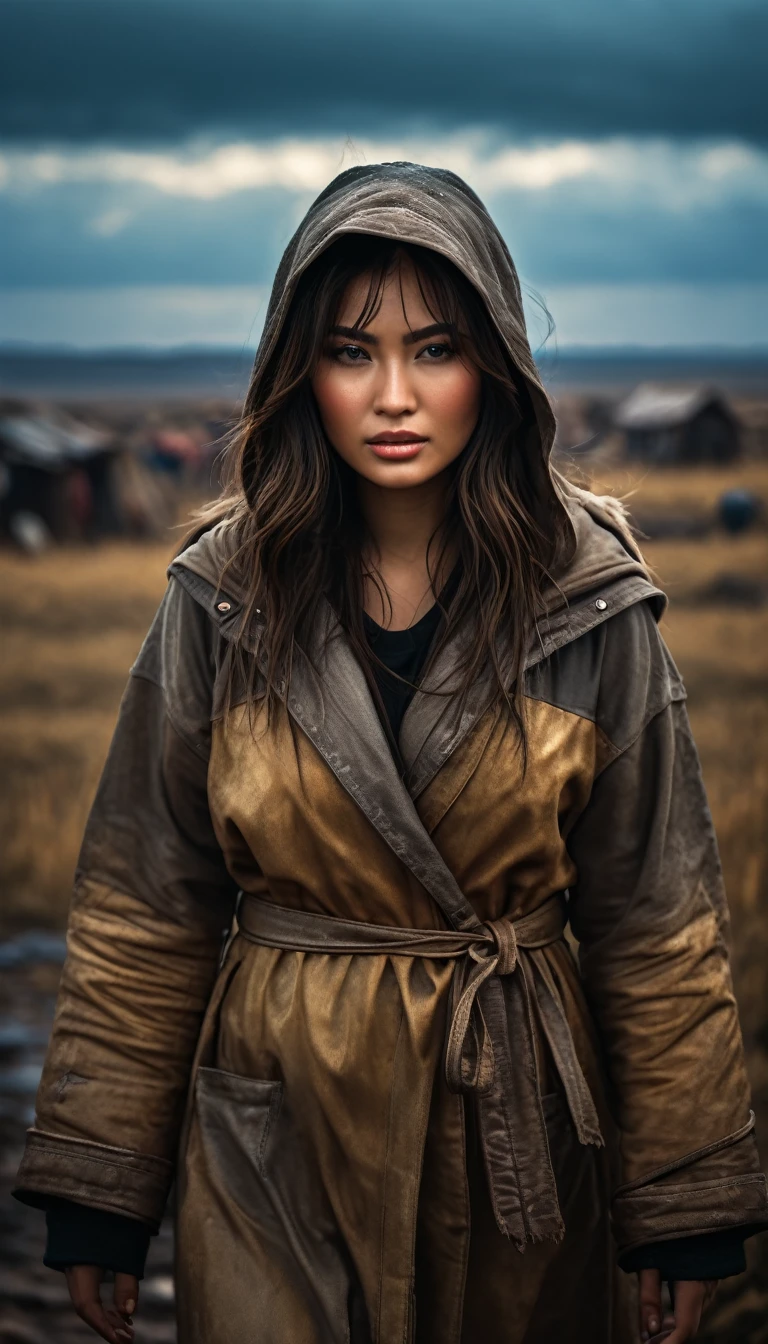 Temüjin as a , facing harsh weather and difficult living conditions in the steppes, background cinematic, hyper realistic, ultra detailed hyper realistic, photorealistic, Studio Lighting, reflections, dynamic pose, Cinematic, Color Grading, Photography, Shot on 50mm lens, Ultra-Wide Angle, Depth of Field, hyper-detailed, beautifully color, 8k, golden light from the front,