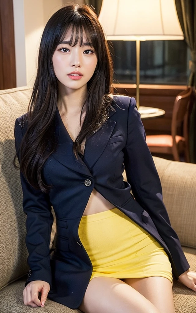 very detailed CG Unity 8k 벽지, top quality, very detailed, masterpiece, realistic, photorealistic, very detailed 귀여운 소녀, 25 years old,  (secretary), blush,  chapped lips, round eyes, medium chest, viewer, half body shot  , hotel  ,sofa pencil skirt , suit ,  (showing off yellow panties)  ,seat ,   , split bangs