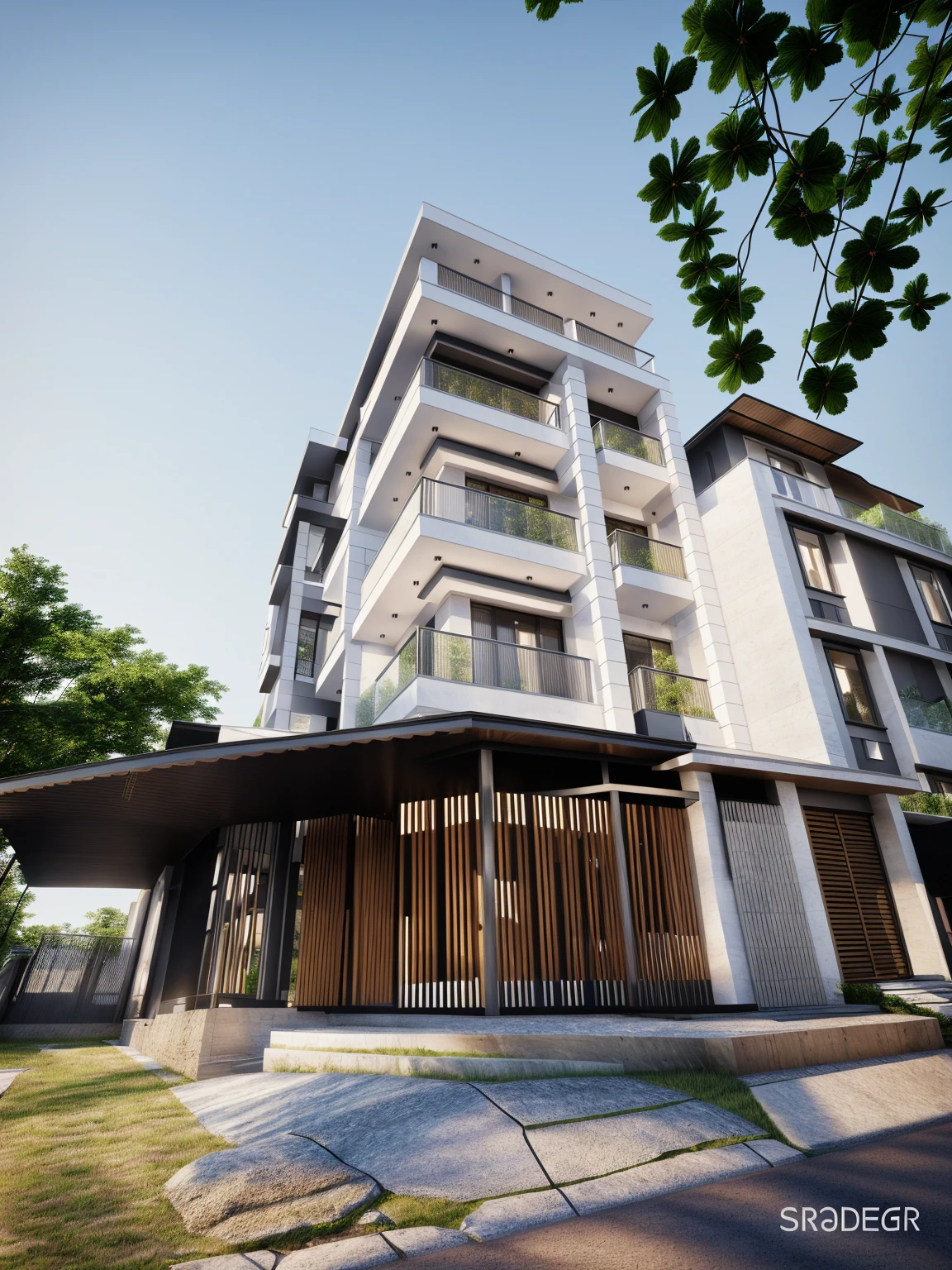 a modern home with a large front yard, main material by white wall and stone and wood, 1 road runs in front of the house, (RAW photo, real, best quality, masterpiece:1.2), look morden minimalist, 1 road in front of the house, shime ring light, light brighteness from indoor:1.2, dynamic lighting:1.3, (hyper realistic, photo-realistic:1.2), high quality, day lighht, hight contrast :0.5 perfect lighting, archdaily, award winning contemporary, contemporary masterpiece, well-designed masterpiece, large modern residence, neotraditional modern, wide angle exterior 2022, midcentury modern, contemporary house, hip modern vibe, a long-shot from front, award winning modern design, stunning lines, residential, subtle detailing