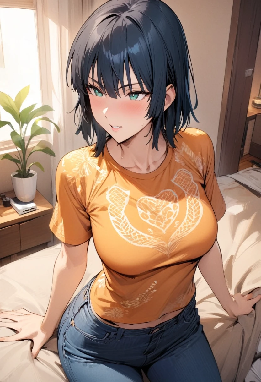 ((best quality)), ((masterpiece)), (detailed), (fubuki ), wearing short sleeves orange printed t-shirt and blue jeans , in home 