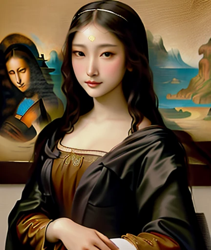 Mona Lisa,Close-up of a woman in a black dress with a tattoo on her chest., คล้ายกับMona Lisa, Japanese goddess, Yoshitomo Nara, fully dressed. Sexy paintings, Japanese model, Masterpiece! Portrait of Arwen, deayam for whom?, asian woman, beautiful asian girl, สไตล์Mona Lisa