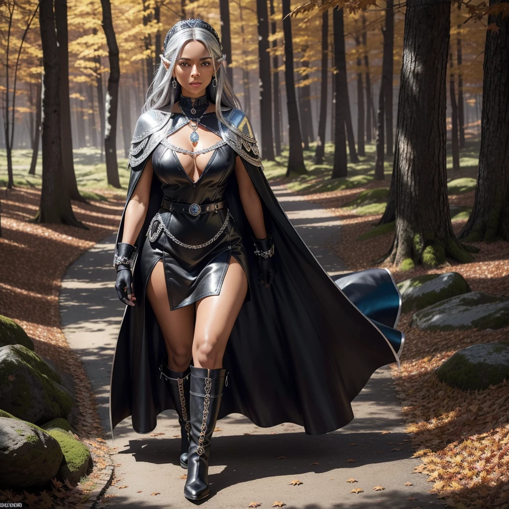 a beautiful dark-skinned woman with long silver hair, symmetrical face, pointed ears, and well-detailed bright blue eyes. She wears a low-cut black dress with a high collar and short skirt, on her beautiful neck she wears a silver necklace with a decorated silver medallion. with a blue diamond in the center. She also wears on her back a long black cape secured in front by a silver chain with two silver brooches at the ends, very large upright breasts, wide hips, thick thighs, at the waist She is wearing a thick silver chain belt with a medium-sized round silver medallion, black leather gloves, and silver earrings with a small blue sapphire, black low-heeled ankle boots, walking through a forest of red maples with maple leaves red falling covering the ground, sunlight passing through the trees, very detailed, Photorealistic anime, Masterpiece. 8k resolution.