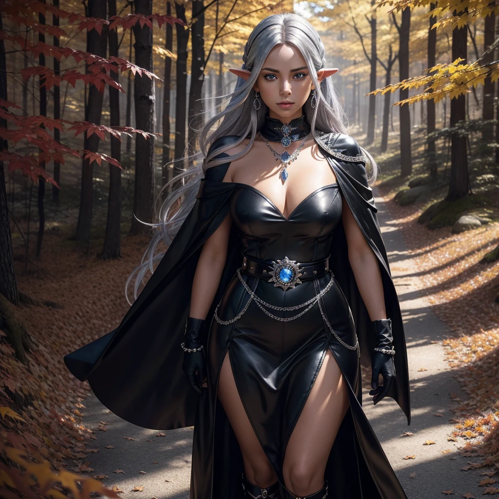 a beautiful dark-skinned woman with long silver hair, symmetrical face, pointed ears, and well-detailed bright blue eyes. She wears a low-cut black dress with a high collar and short skirt, on her beautiful neck she wears a silver necklace with a decorated silver medallion. with a blue diamond in the center. She also wears on her back a long black cape secured in front by a silver chain with two silver brooches at the ends, very large upright breasts, wide hips, thick thighs, at the waist She is wearing a thick silver chain belt with a medium-sized round silver medallion, black leather gloves, and silver earrings with a small blue sapphire, black low-heeled ankle boots, walking through a forest of red maples with maple leaves red falling covering the ground, sunlight passing through the trees, very detailed, Photorealistic anime, Masterpiece. 8k resolution.