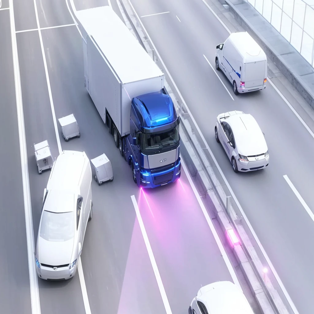 a futuristic self-driving autonomous truck on a modern highway, glowing pink laser beams on the road, high-tech transportation simulation, advanced highway infrastructure, forward-facing perspective, digital rendering, photorealistic, semi-realism, dynamic, angled, smart, catia, accurate description, 2070, illustration, computer generated, best quality, 8K, highres, masterpiece, ultra-detailed, realistic, photorealistic, photo-realistic, HDR, uhd, studio lighting, ultra-fine painting, sharp focus, physically-based rendering, extreme detail description, professional, vivid colors, bokeh，Tunnel exit