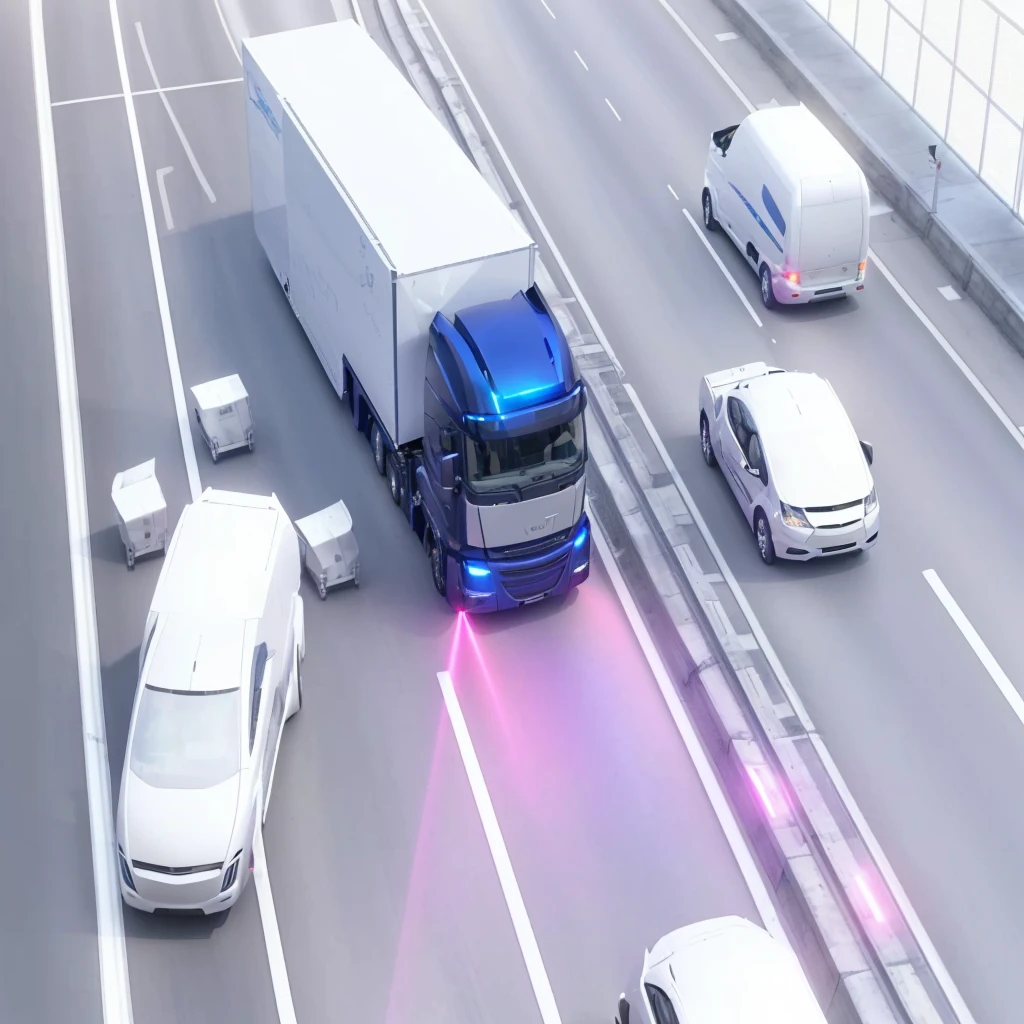 a futuristic self-driving autonomous truck on a modern highway, glowing pink laser beams on the road, high-tech transportation simulation, advanced highway infrastructure, forward-facing perspective, digital rendering, photorealistic, semi-realism, dynamic, angled, smart, catia, accurate description, 2070, illustration, computer generated, best quality, 8K, highres, masterpiece, ultra-detailed, realistic, photorealistic, photo-realistic, HDR, uhd, studio lighting, ultra-fine painting, sharp focus, physically-based rendering, extreme detail description, professional, vivid colors, bokeh，Tunnel exit